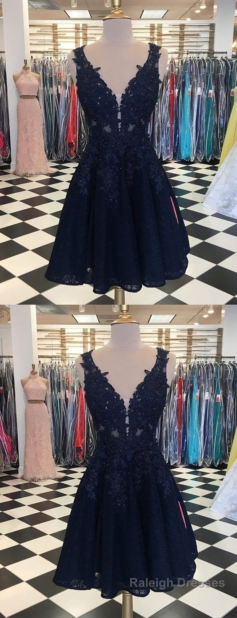 Dark Navy Lace Beading Sleeveless Illusion Homecoming Dresses Main image