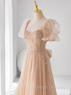 Chamapgne Beaded Short Sleeves Tulle A Line Prom Dresses Champagne Prom Dresses