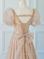 Chamapgne Beaded Short Sleeves Tulle A-line Prom Dress, Champagne Party Dress