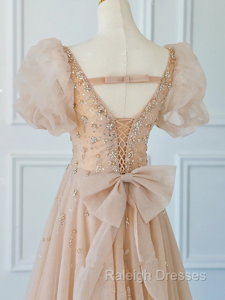 Chamapgne Beaded Short Sleeves Tulle A-line Prom Dress, Champagne Party Dress