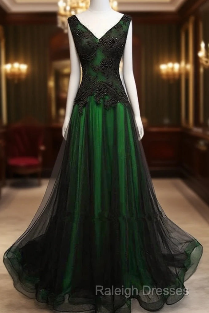 Chaming Black And Green Tulle V-Neckline Long Party Dress, Beautiful V-Neckline Prom Dresses Main image