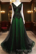 Chaming Black And Green Tulle V-Neckline Long Party Dress, Beautiful V-Neckline Prom Dresses