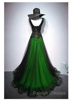 Chaming Black and Green Tulle V Neckline Long Prom Dress, V Neckline Prom Dresses