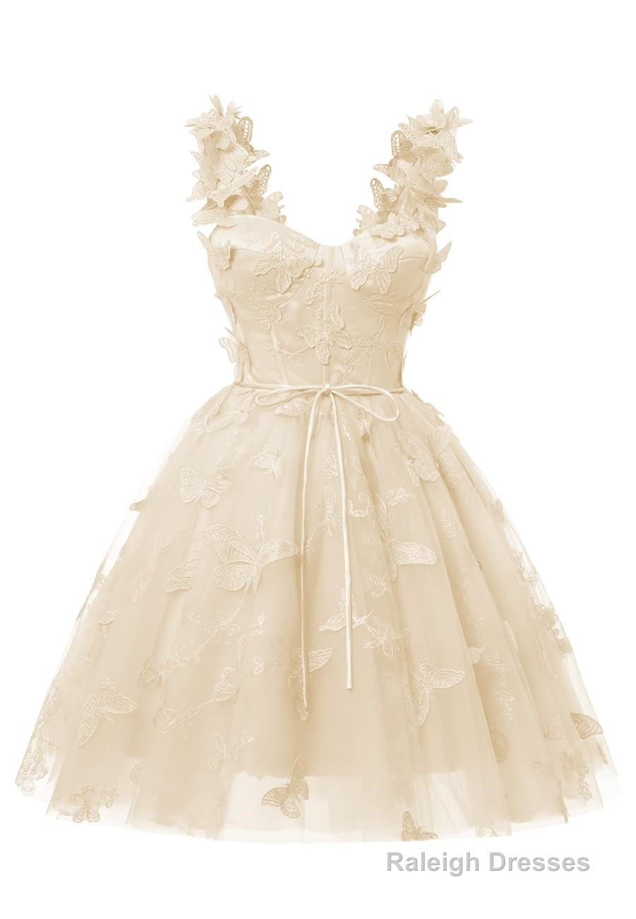 Champagne 3D Butterfly Lace Applique Tulle Homecoming Dress for Teens Sweetheart Mini Short Prom Dresses Main image