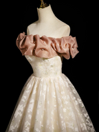 Champagne A-Line Lace Long Formal Prom Dress, Champagne Long Prom Dress