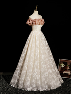 Champagne A-Line Lace Long Formal Prom Dress, Champagne Long Prom Dress