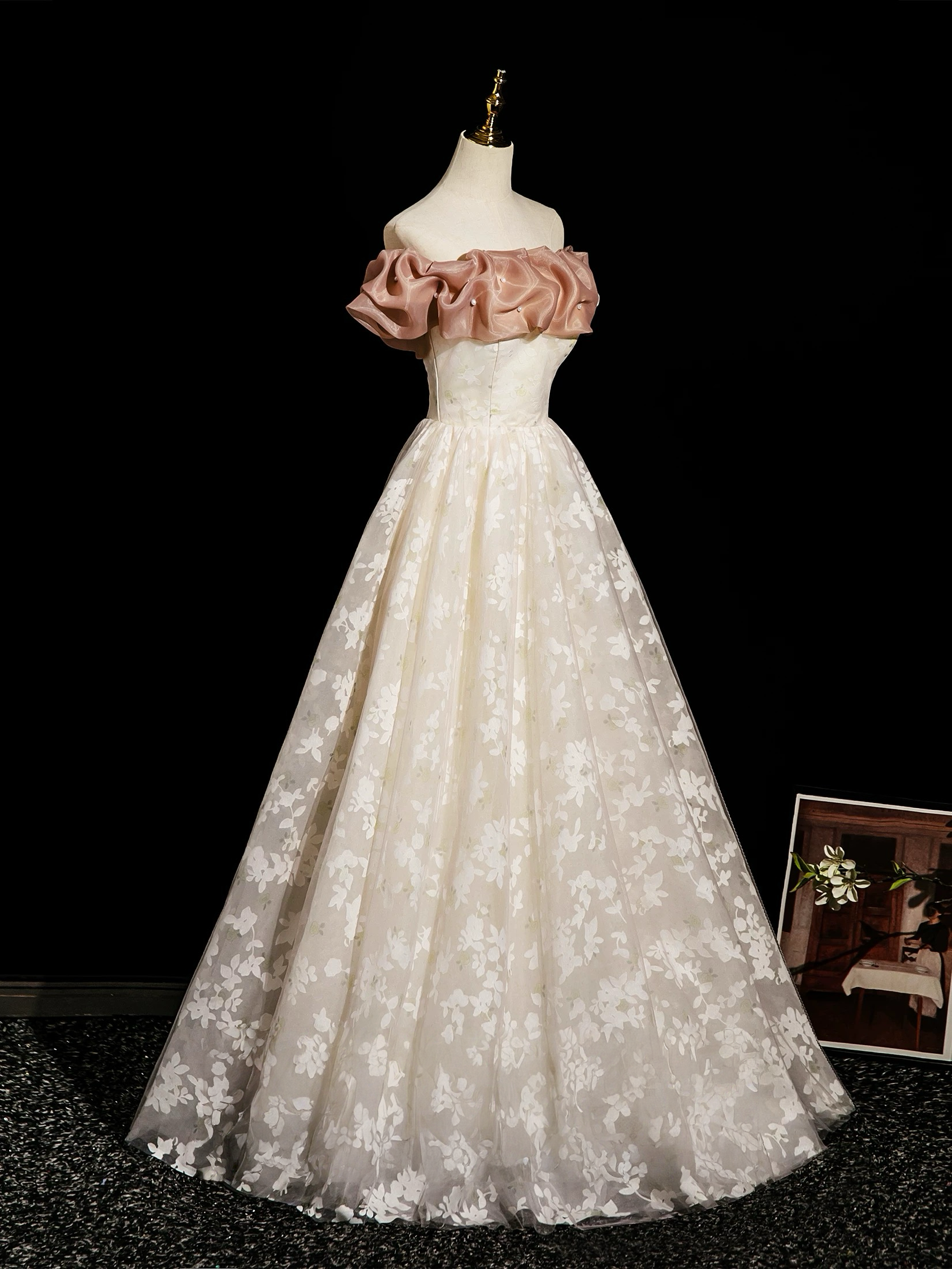 Champagne A-Line Lace Long Formal Prom Dress, Champagne Long Prom Dress