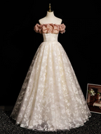 Champagne A-Line Lace Long Formal Prom Dress, Champagne Long Prom Dress