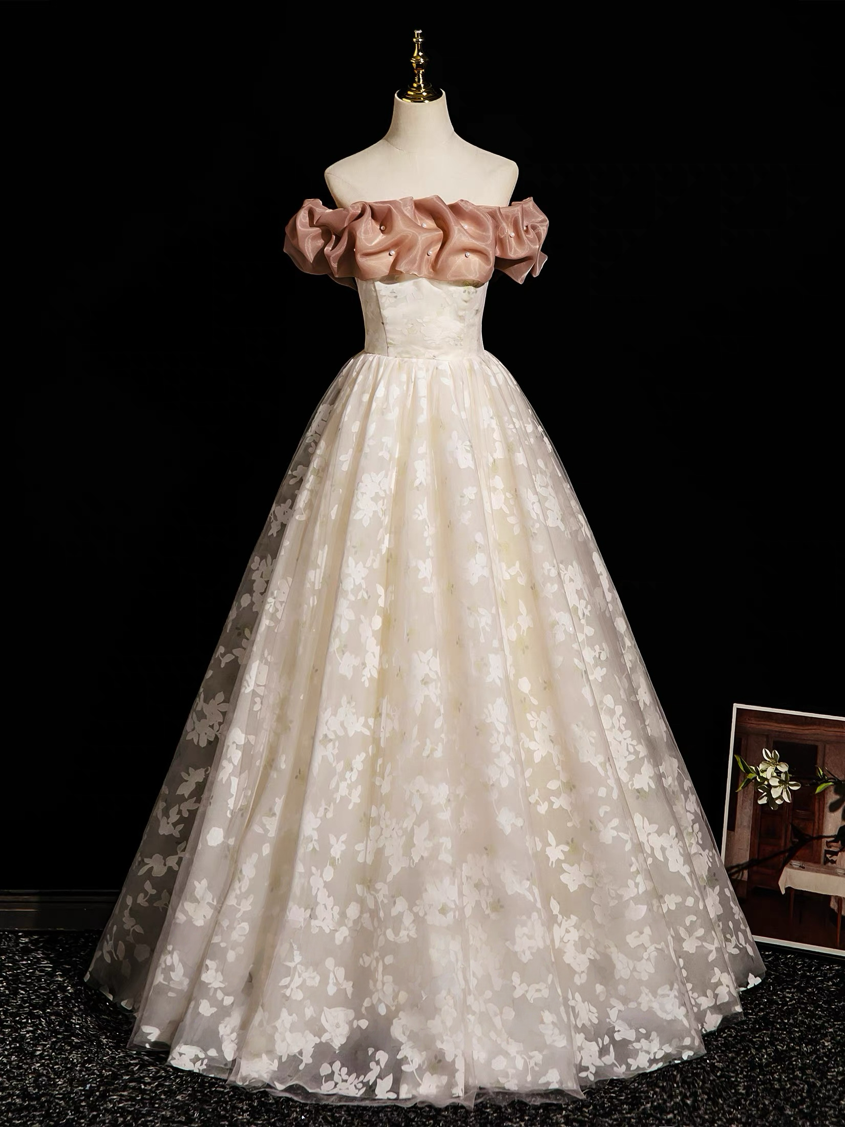 Champagne A-Line Lace Long Formal Prom Dress, Champagne Long Prom Dress