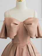 Champagne A-Line Off Shoulder Satin Long Prom Dress, Champagne Formal Dress
