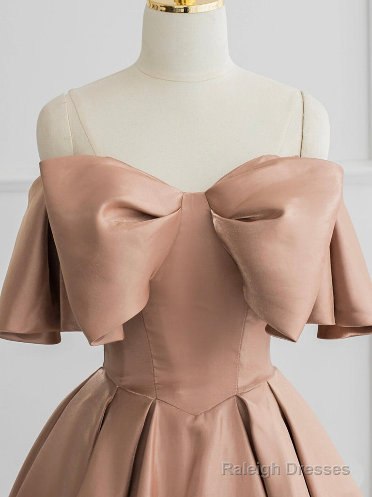 Champagne A-Line Off Shoulder Satin Long Prom Dress, Champagne Formal Dress