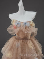 Champagne A-Line Off Shoulder Tulle Sequin Long Ball Dress Cute Layered Dress