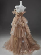 Champagne A-Line Off Shoulder Tulle Sequin Long Ball Dress Cute Layered Dress