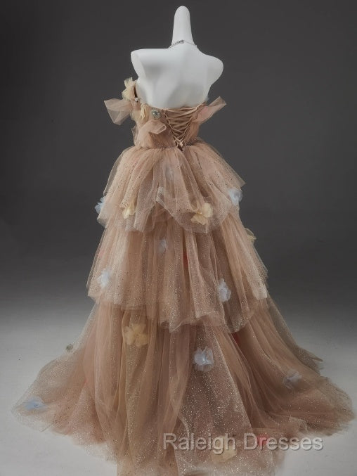 Champagne A-Line Off Shoulder Tulle Sequin Long Ball Dress Cute Layered Dress