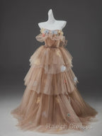 Champagne A-Line Off Shoulder Tulle Sequin Long Ball Dress Cute Layered Dress