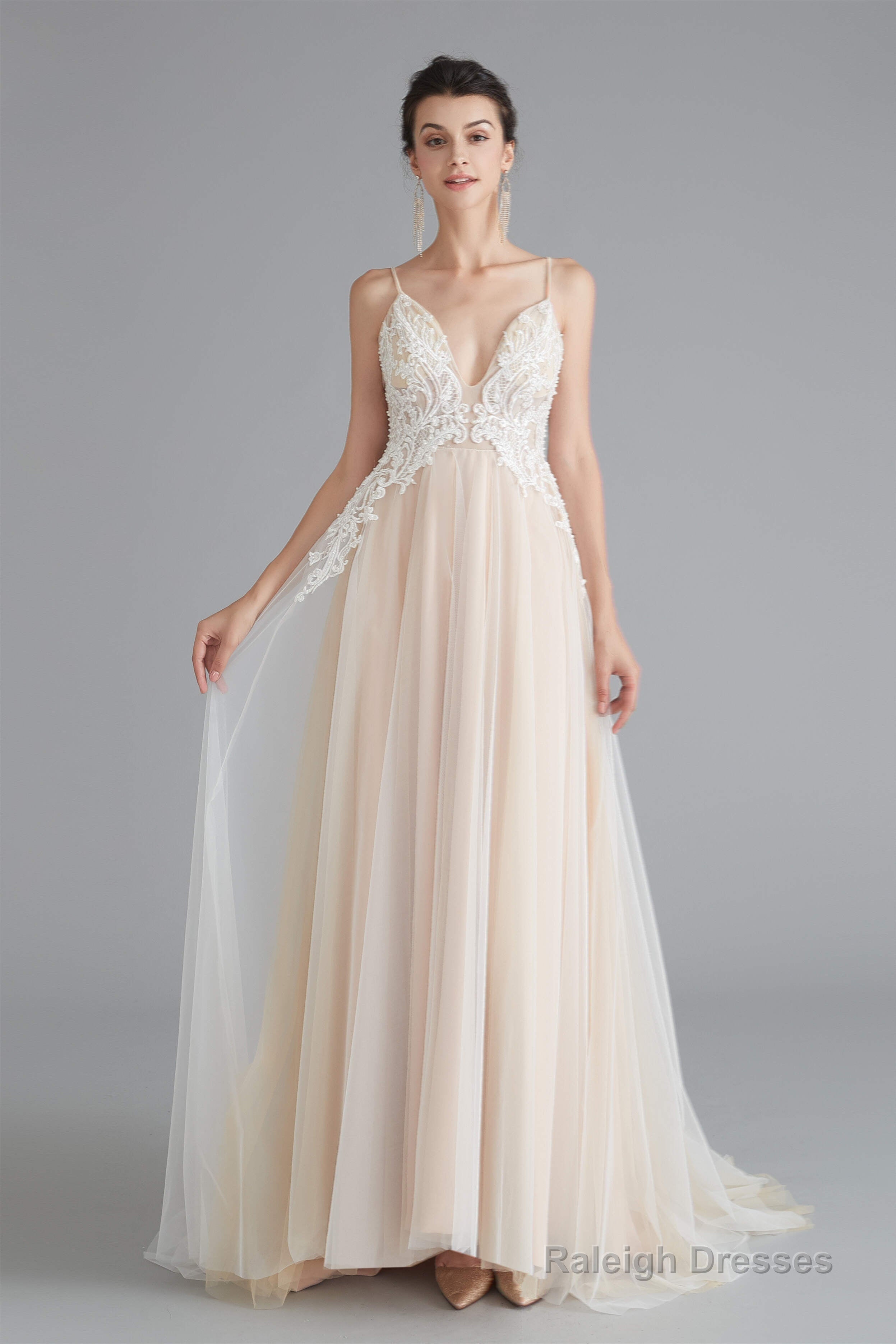 Champagne A-line Prom Dresses with Lace Top Secondary image