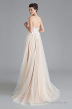 Champagne A-line Prom Dresses with Lace Top