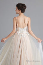 Champagne A-line Prom Dresses with Lace Top