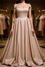 Champagne A-Line Satin Long Prom Dress, Champagne Formal Evening Dress