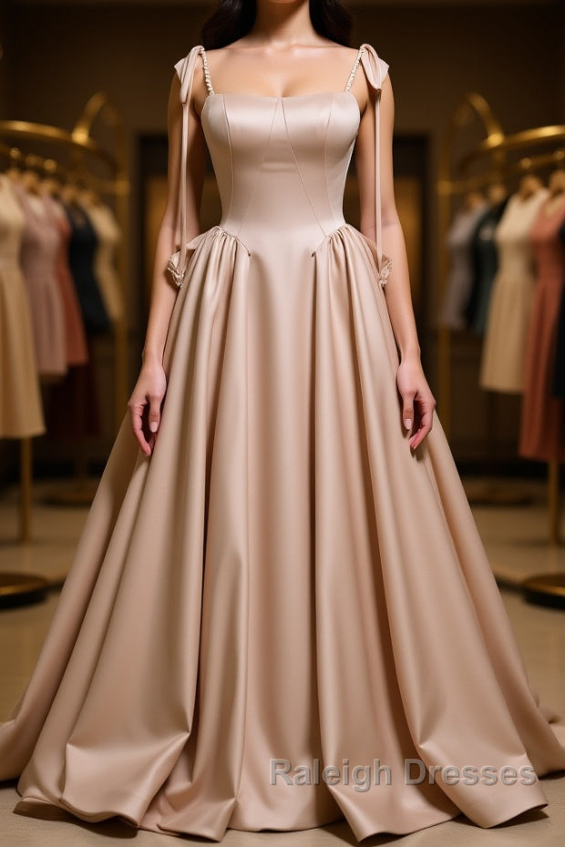 Champagne A-Line Satin Long Prom Dress, Champagne Formal Evening Dress Main image