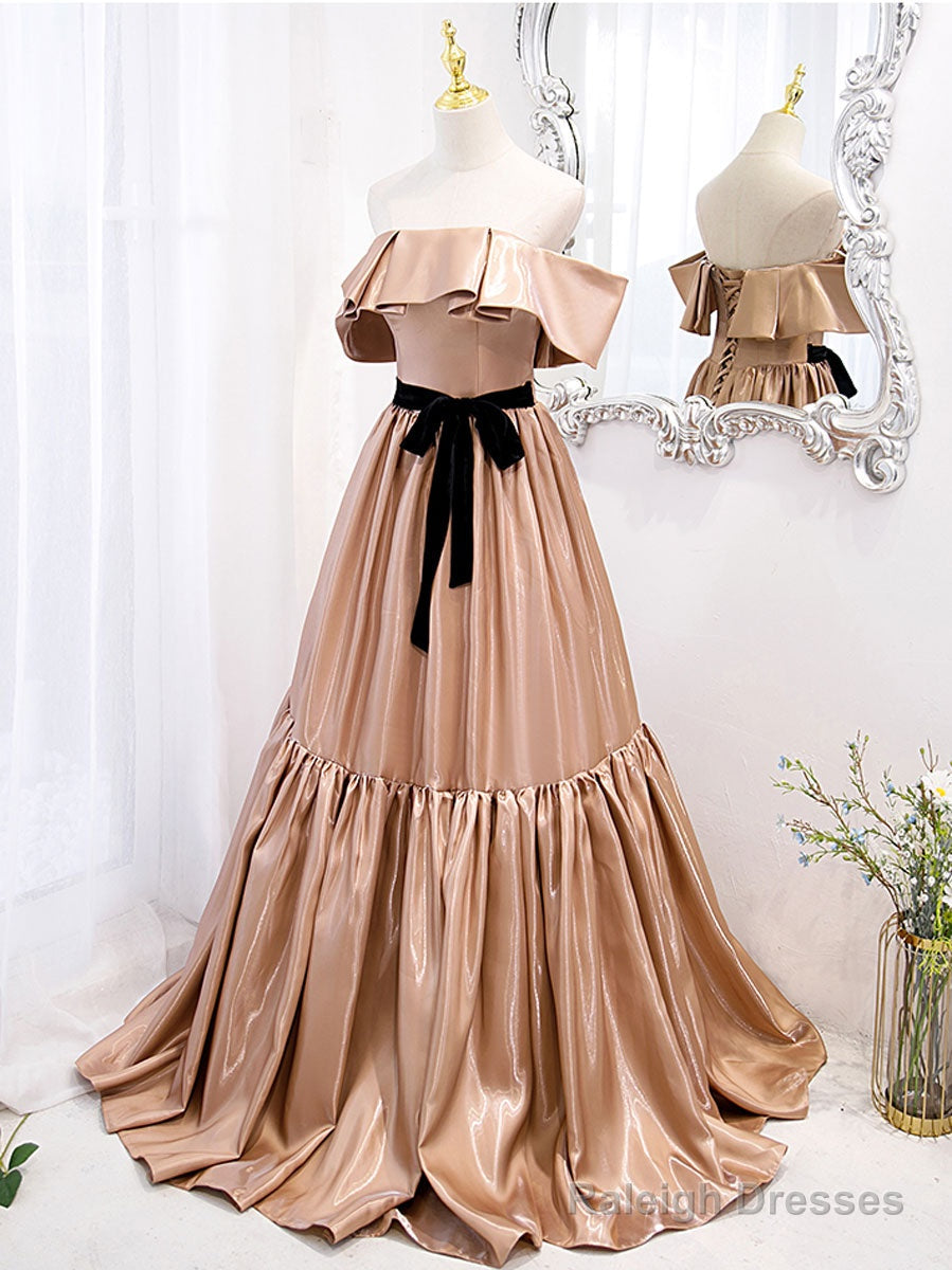 Champagne A Line Satin Off Shoulder Long Prom Dress Champagne Evening Dress Secondary image