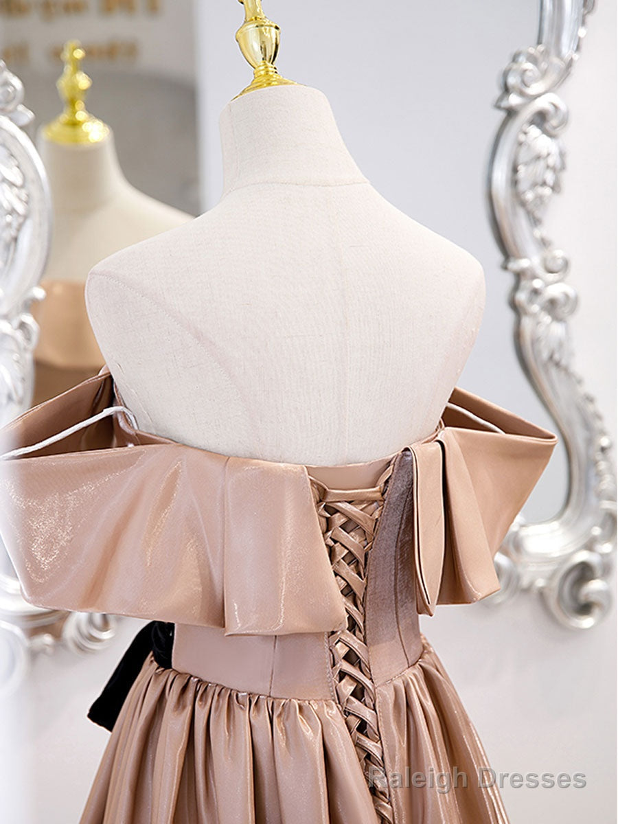Champagne A Line Satin Off Shoulder Long Prom Dress Champagne Evening Dress