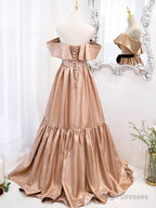 Champagne A Line Satin Off Shoulder Long Prom Dress Champagne Evening Dress