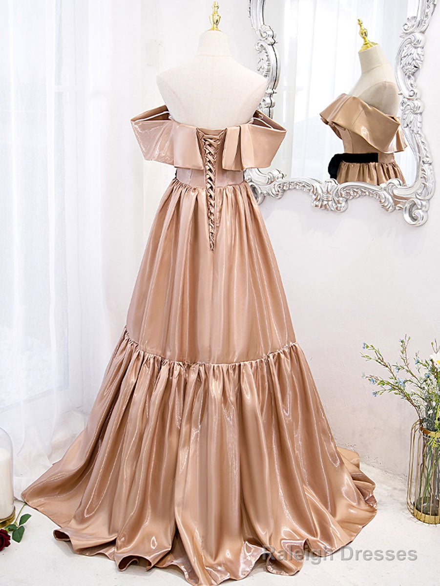 Champagne A Line Satin Off Shoulder Long Prom Dress Champagne Evening Dress