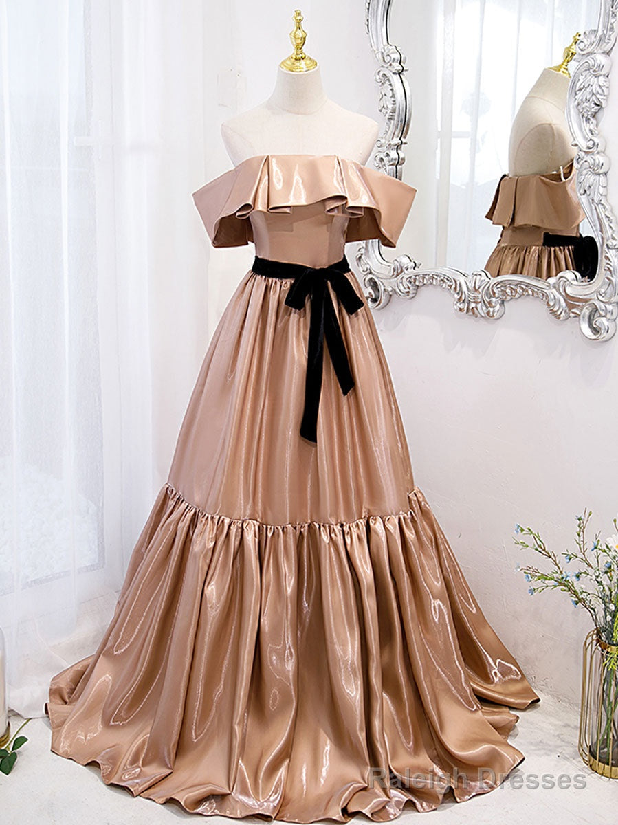 Champagne A Line Satin Off Shoulder Long Prom Dress Champagne Evening Dress