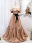 Champagne A Line Satin Off Shoulder Long Prom Dress Champagne Evening Dress