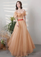 Champagne A-Line Short Sleeves Prom Dress, Champagne Tulle Evening Dress
