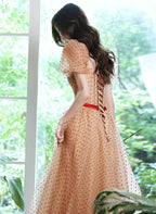 Champagne A-Line Short Sleeves Prom Dresses Champagne Tulle Prom Dresses