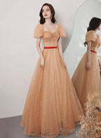 Champagne A-Line Short Sleeves Prom Dresses Champagne Tulle Prom Dresses