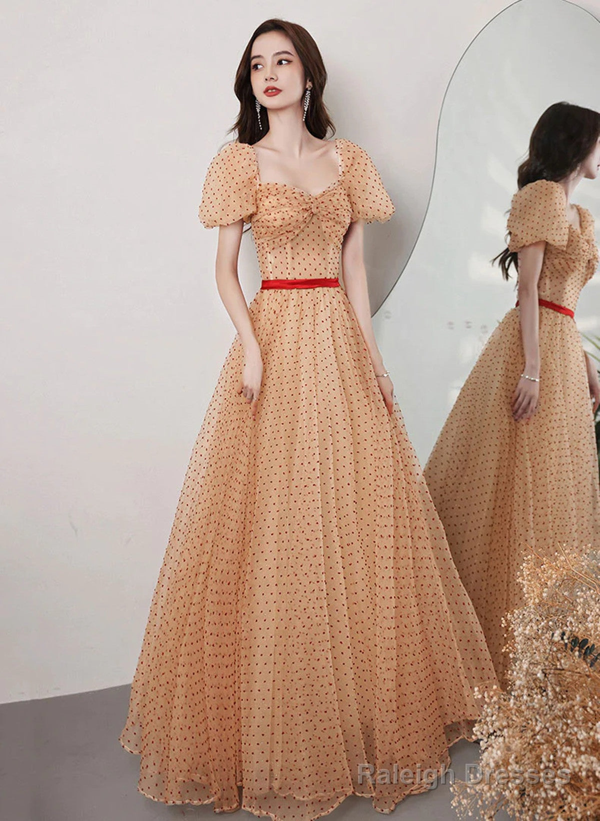 Champagne A-Line Short Sleeves Prom Dresses Champagne Tulle Prom Dresses