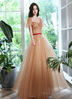 Champagne A-Line Short Sleeves Prom Dress, Champagne Tulle Evening Dress