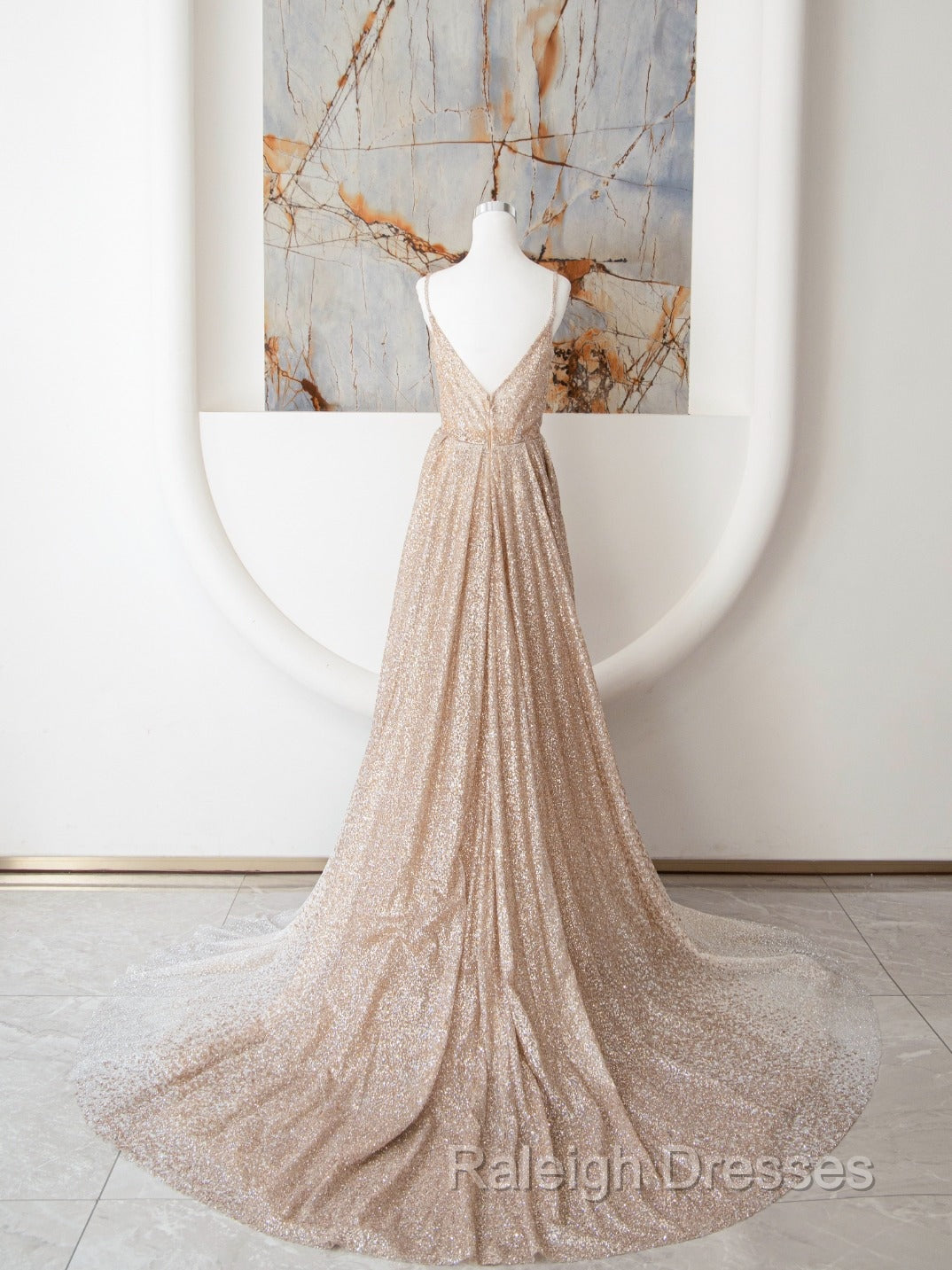 Champagne A Line Spaghetti Strap Sequins Long Prom Dress Evening Dress Secondary image