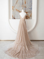 Champagne A Line Spaghetti Strap Sequins Long Prom Dress Evening Dress