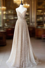 Champagne A Line Spaghetti Strap Sequins Long Prom Dress Evening Dress