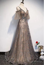 Champagne A-Line Straps Lace Low Back Prom Dress, A-Line Evening Dress