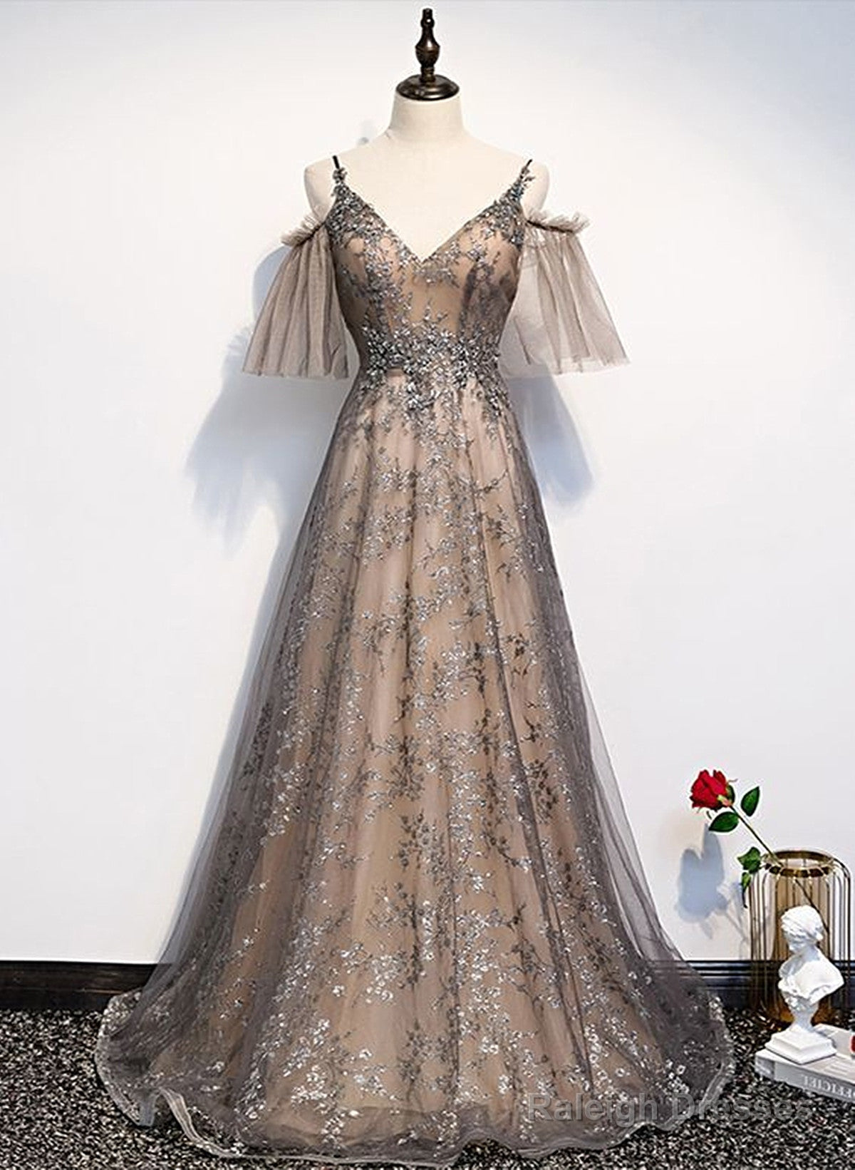 Champagne A-Line Straps Lace Low Back Prom Dresses A-Line Prom Dresses Main image