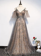 Champagne A-Line Straps Lace Low Back Prom Dresses A-Line Prom Dresses
