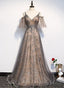 Champagne A-Line Straps Lace Low Back Prom Dresses A-Line Prom Dresses