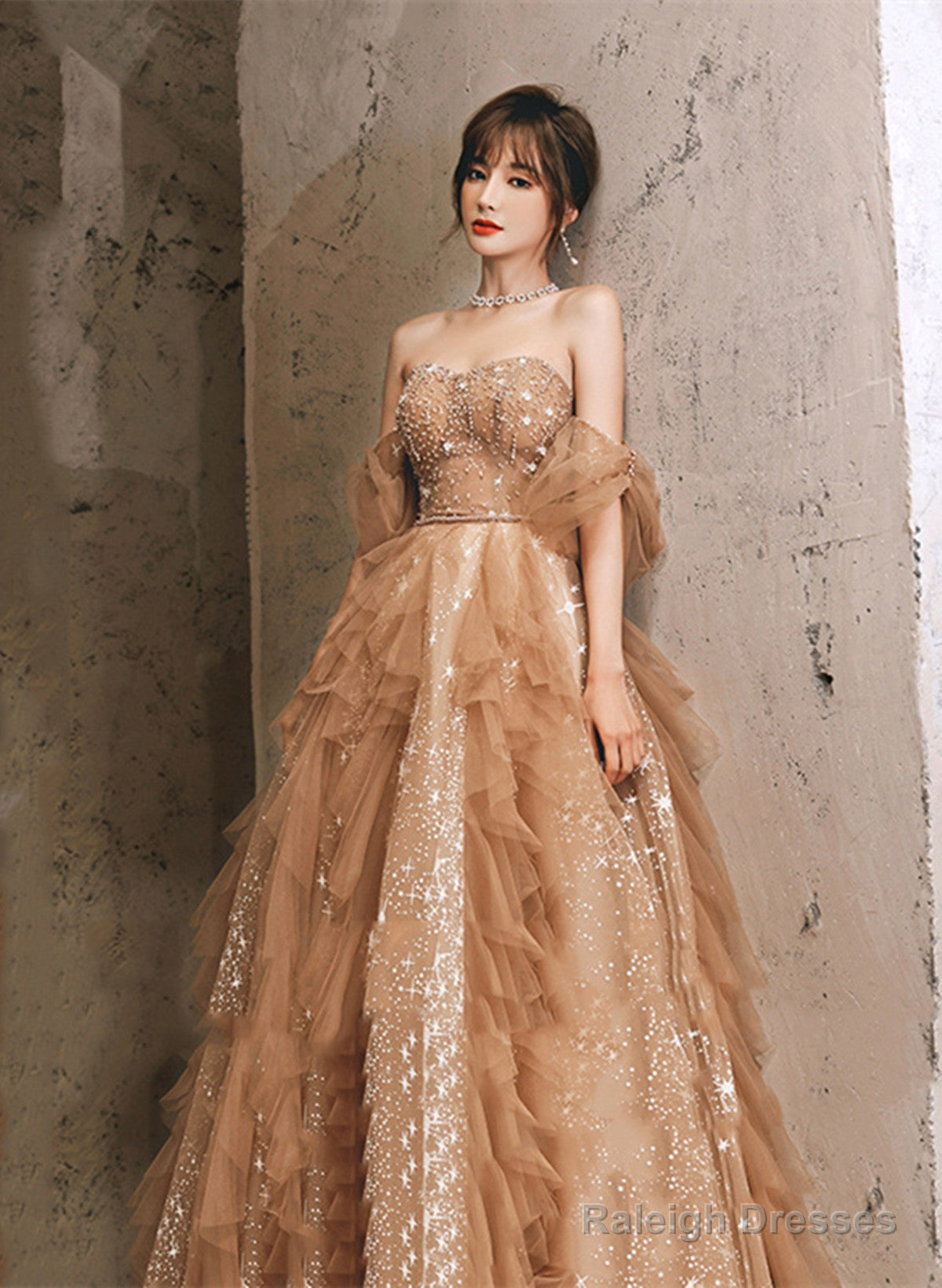 Champagne A-Line Tulle Beaded Off Shoulder Prom Dress, Champagne Party Dress Secondary image
