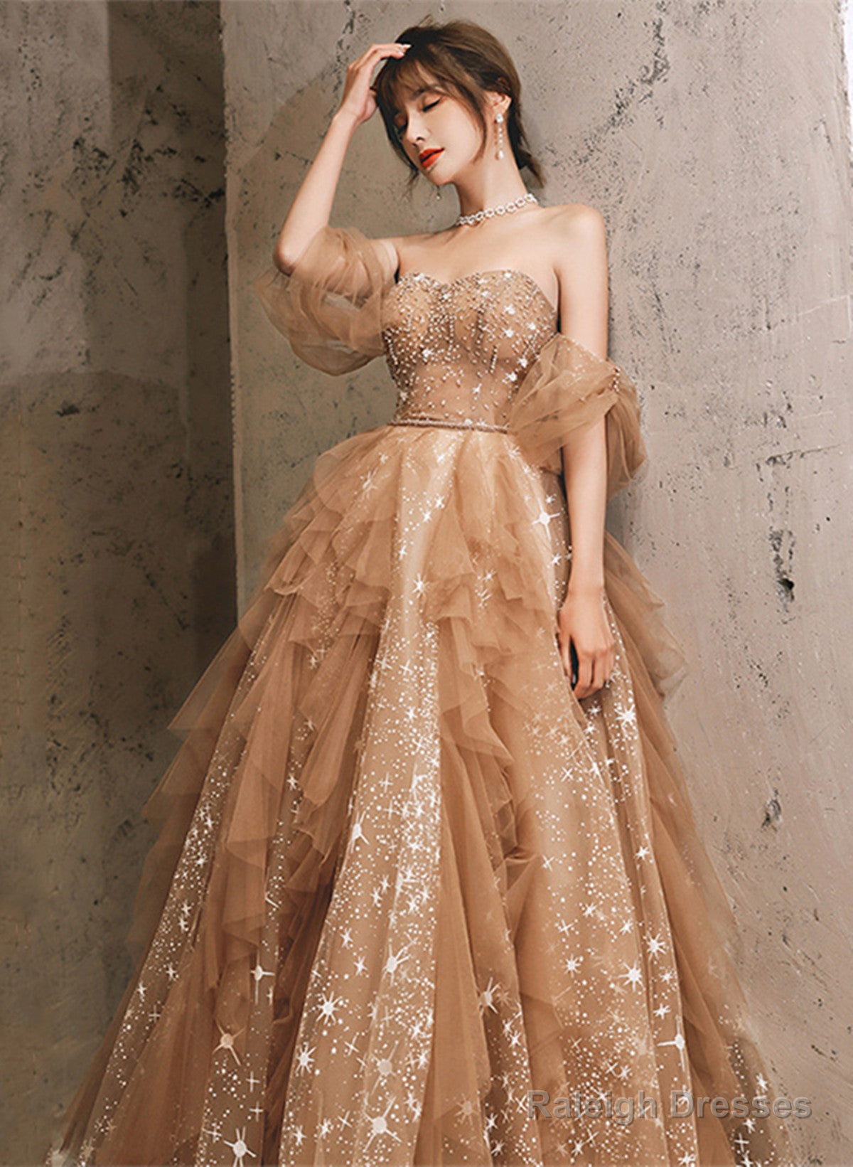 Champagne A-Line Tulle Beaded Off Shoulder Prom Dress, Champagne Party Dress