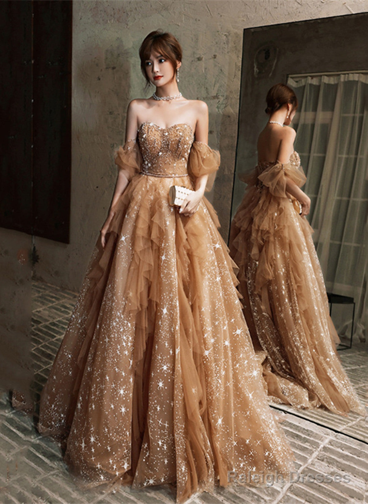 Champagne A-Line Tulle Beaded Off Shoulder Prom Dress, Champagne Party Dress Main image