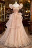 Champagne A-Line Tulle BeadedLong Prom Dress, Champagne Formal Dress