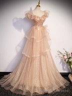 Champagne A-Line Tulle Beading Long Prom Dress, Champagne Formal Dresses