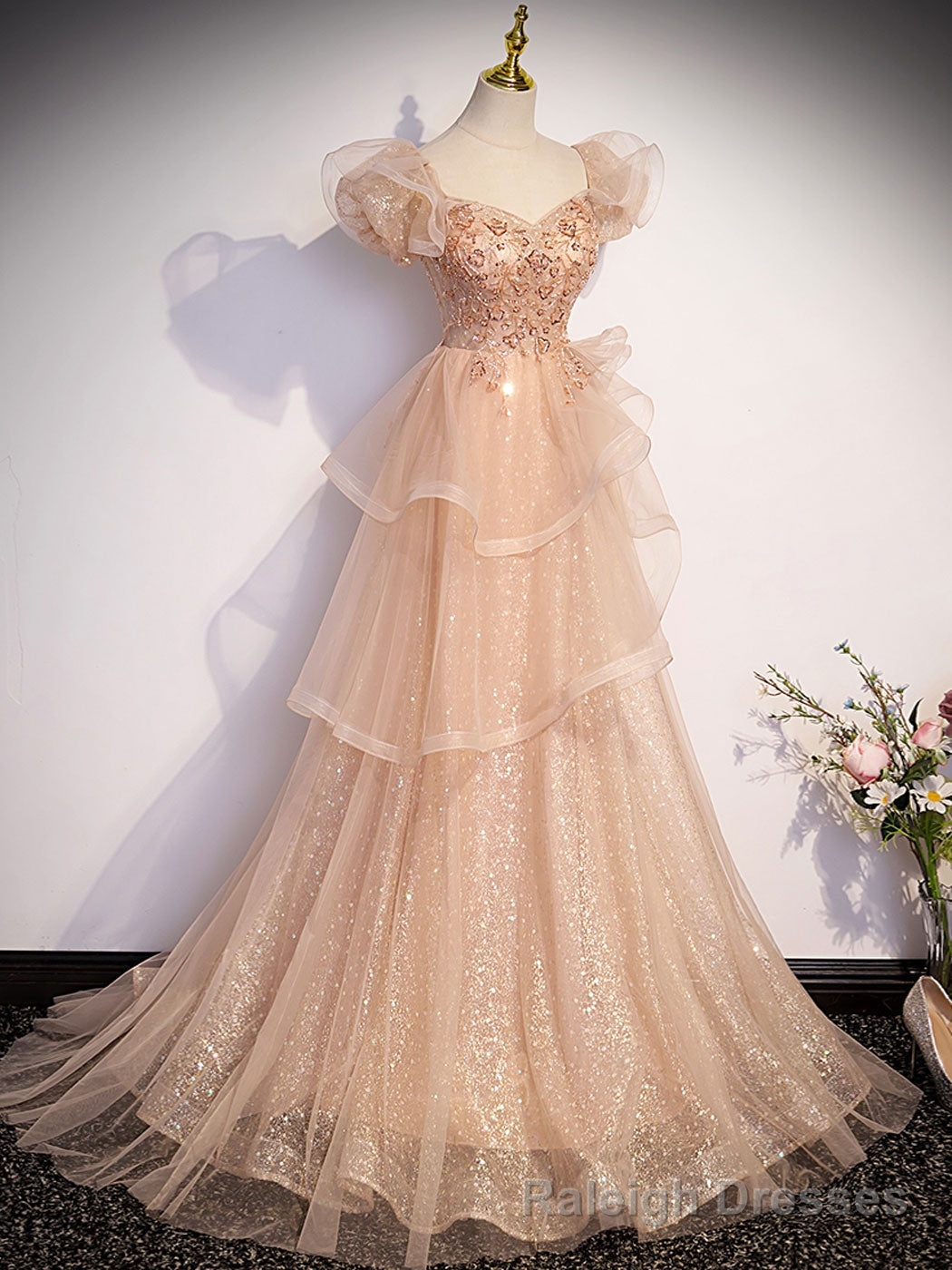 Champagne A-Line Tulle Beading Long Prom Dress, Champagne Formal Dresses