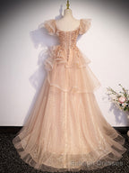 Champagne A-Line Tulle Beading Long Prom Dress, Champagne Formal Dresses