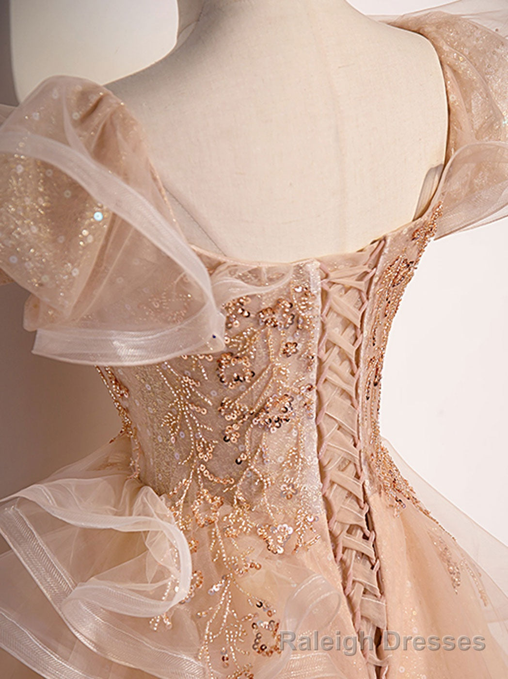 Champagne A Line Tulle Beading Long Prom Dress, Champagne Formal Dresses